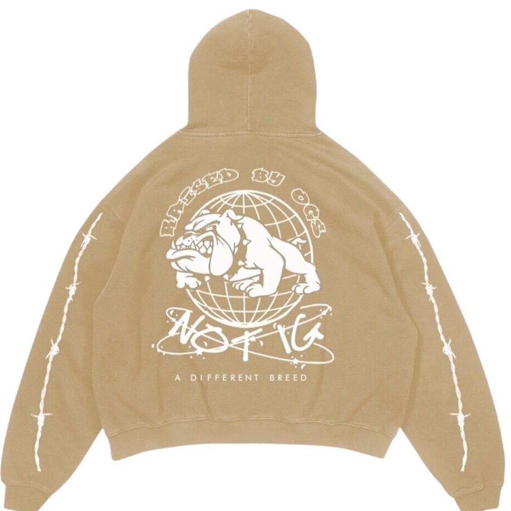DON Men Hoodie Beige Cotton XL Graphic Bulldog Barbed Wire Streetwear Pullover